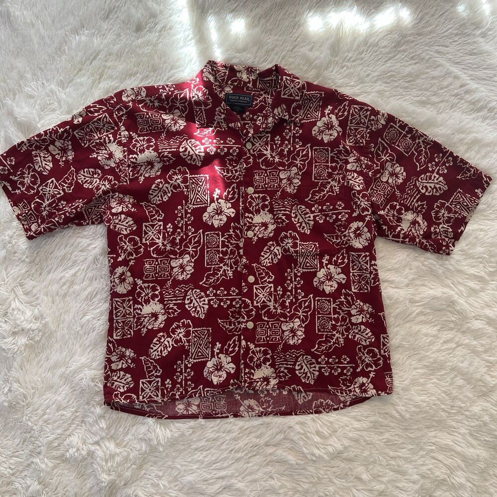 Duck Head Men's Medium Aloha Hawaiian Shirt Red White Floral Tropical Cotton M